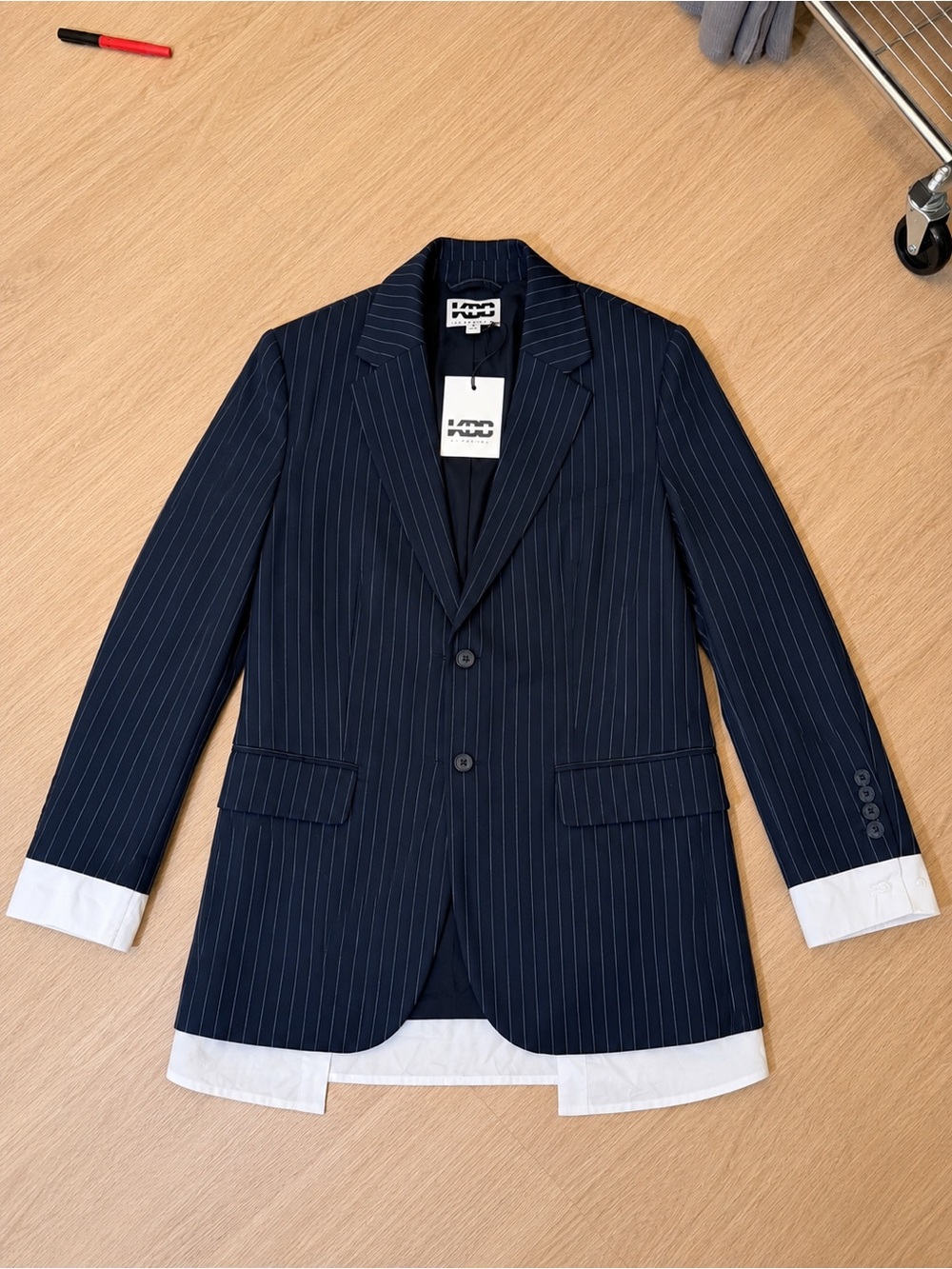 KBB Navy Pinstripe Blazer with White Cuff and Hem Accents
